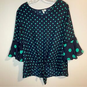 Blue and Green Ruffled Bell Sleeve Blouse with Tie Front